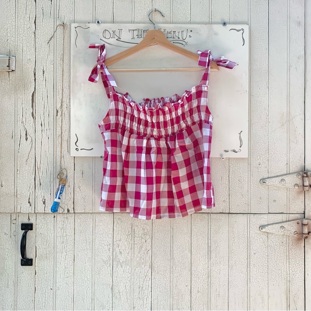 Handmade gathered red & white gingham trapeze top size M